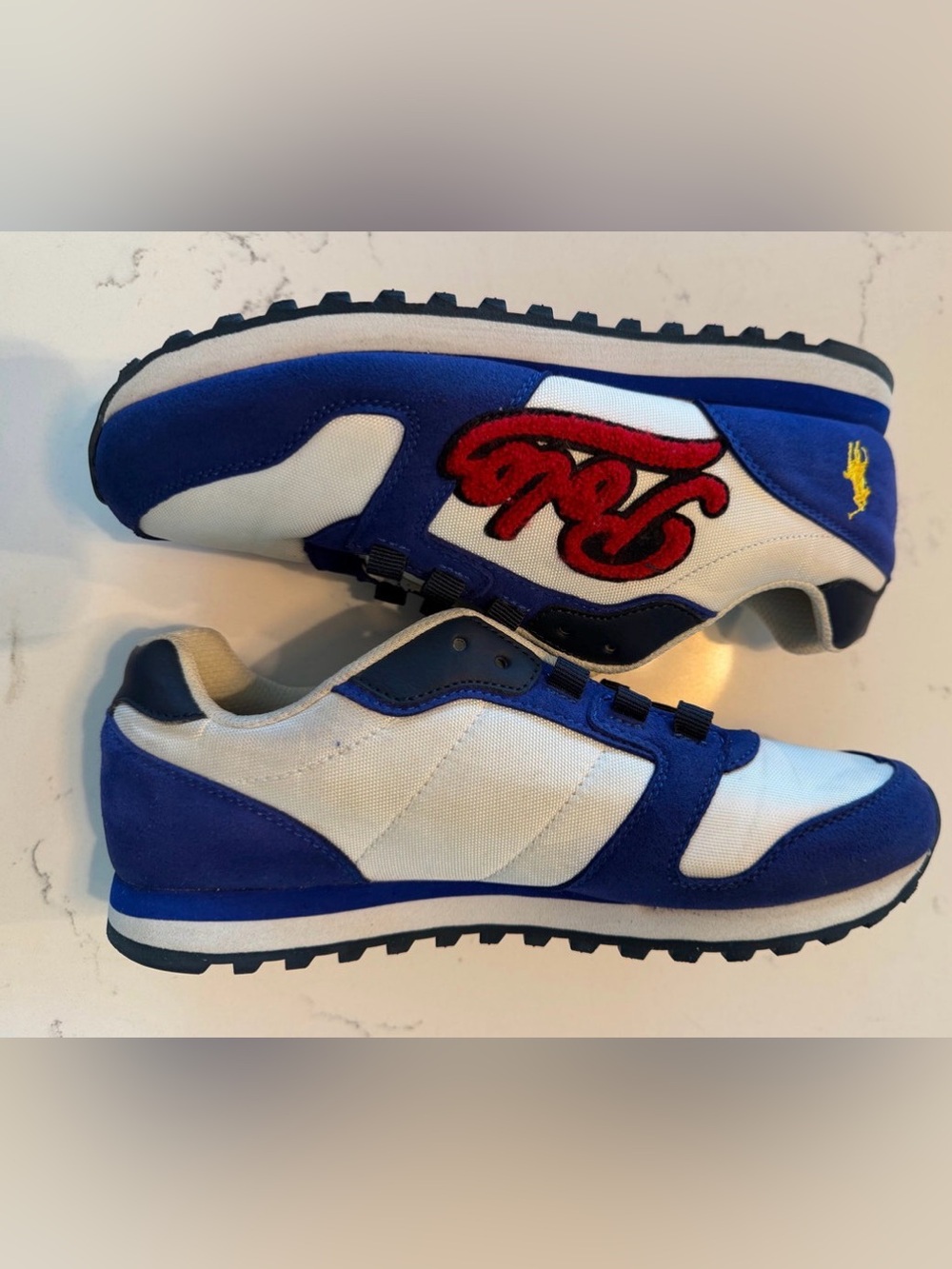 Blue and White Boys Athletic Sneakers with Red Script Accent